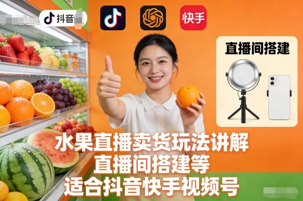 水果直播卖货玩法讲解、直播间搭建等,适合抖音快手视频号-站源网