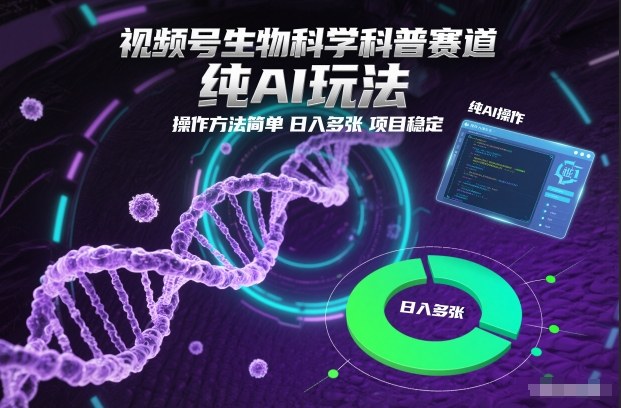 视频号生物科学科普赛道，纯AI玩法，操作方法简单，日入多张，项目稳定-站源网
