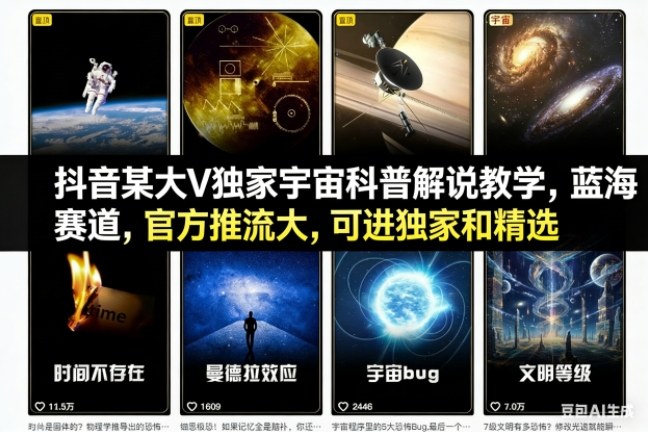 抖音某大V独家宇宙科普解说教学,蓝海赛道,官方推流大,可进独家和精选 抖音某大V独家宇宙科普解说教学,蓝海赛道,官方推流大,可进独家和精选